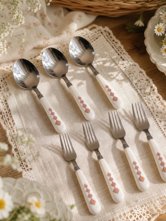 Other - Vintage Forks & Spoons Set – Geometric Pattern Handles Corelle Sand Art Style